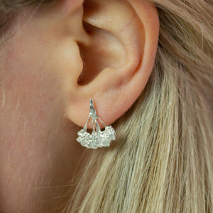  cow parsley silver earrings on model ear with blonde hair