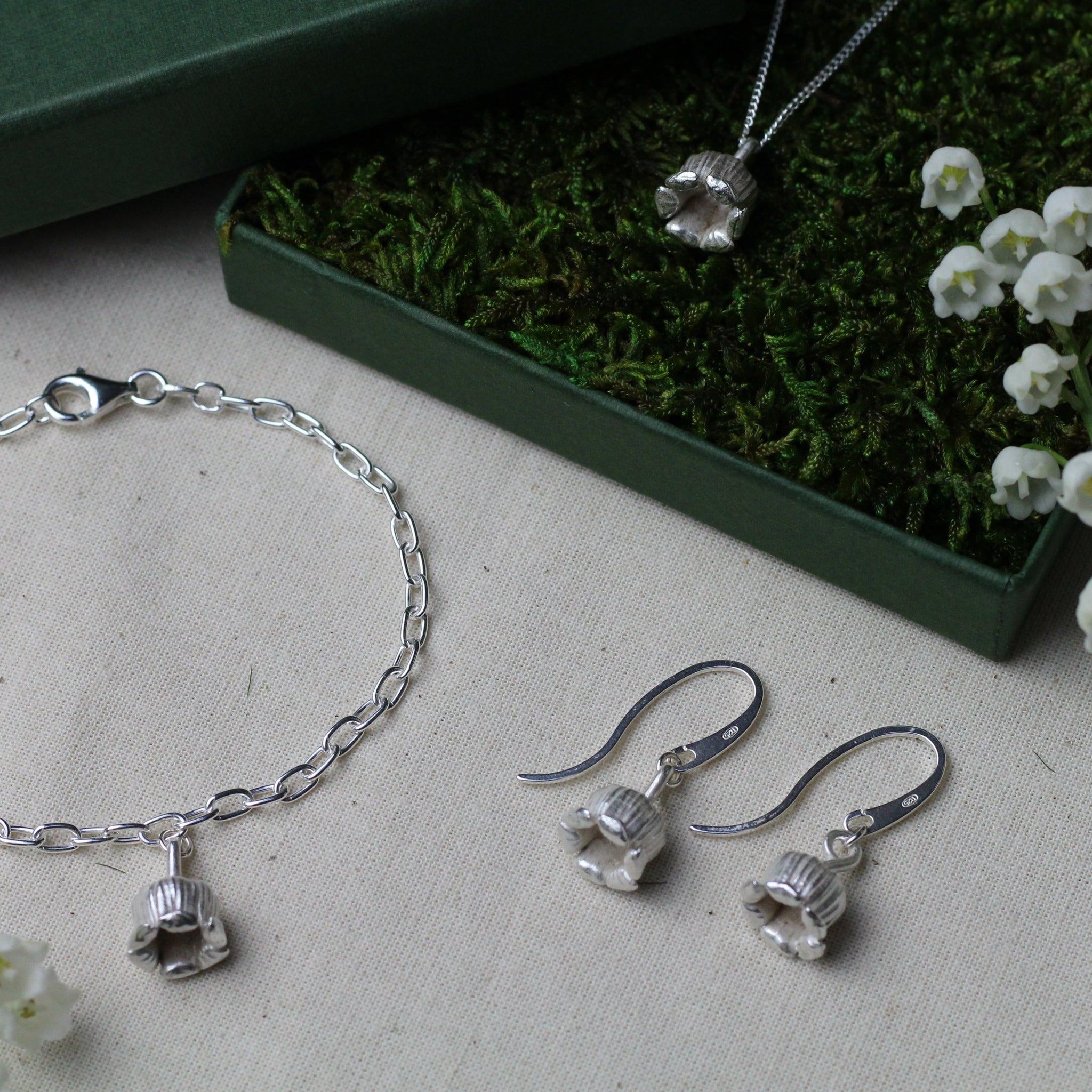 Lilly of the Valley silver flower jewellery set earrings, bracelet, nacklace