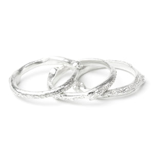 ivy leaf silver stacking rings in white background 