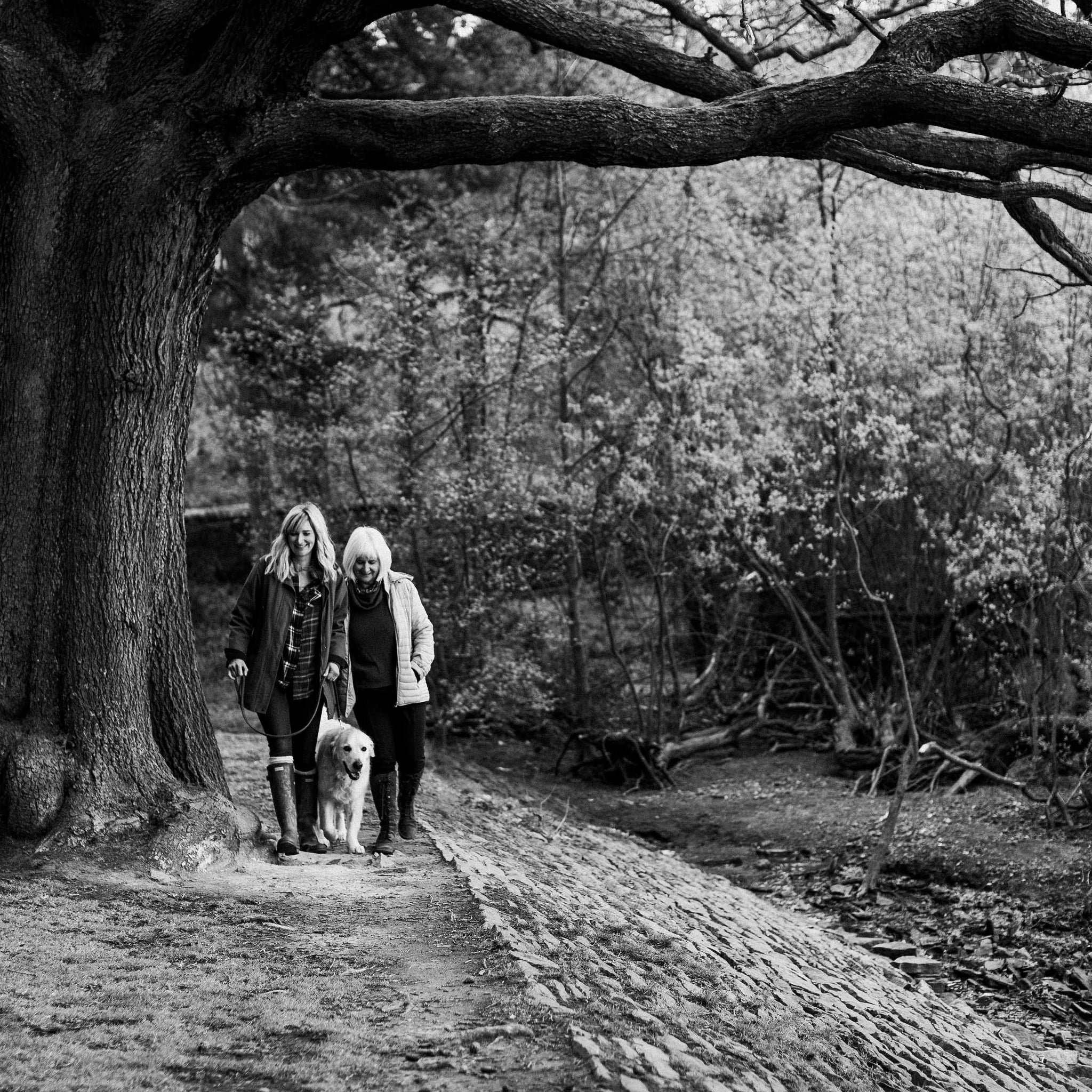 Black and white of mum and daughter walking in the woods with dog